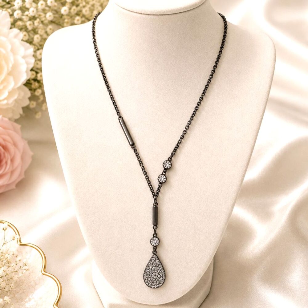 Chico's NWT Gunmetal Rhinestone Y Drop Statement Necklace 28" Sparkle
